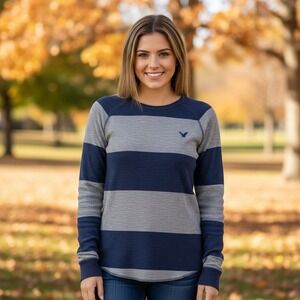 Heritage Sweater Women's Size L‎ Classic Fit Thermal Pullover Striped Blue Gray